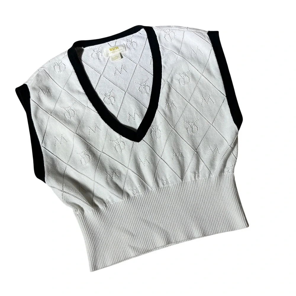 Maeve Anthropologie Old Money Contrast Pointelle Monogram Sweater‎ Vest XS